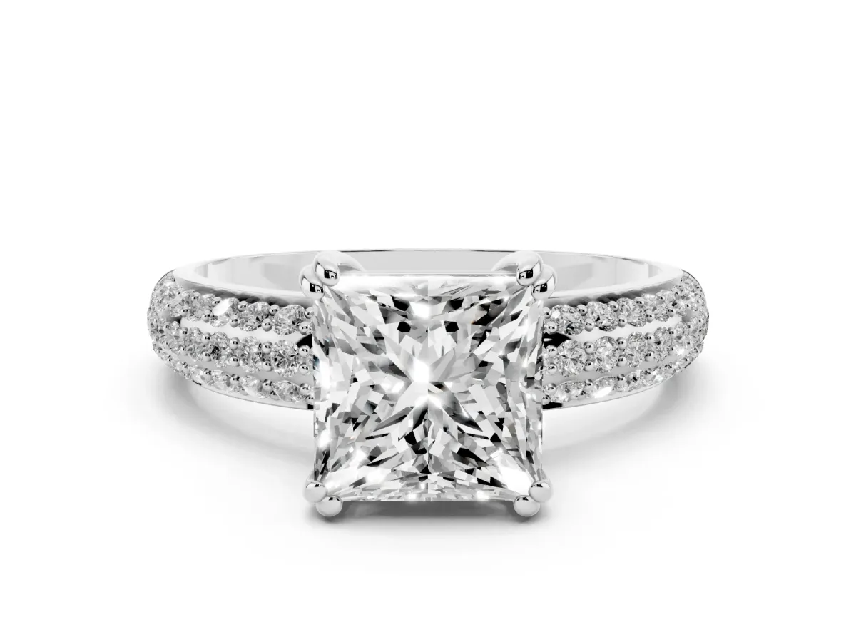 Princess Cut Diamond Solitaire Ring with Multi-Row Round Pavé Band and Prong Setting Silver