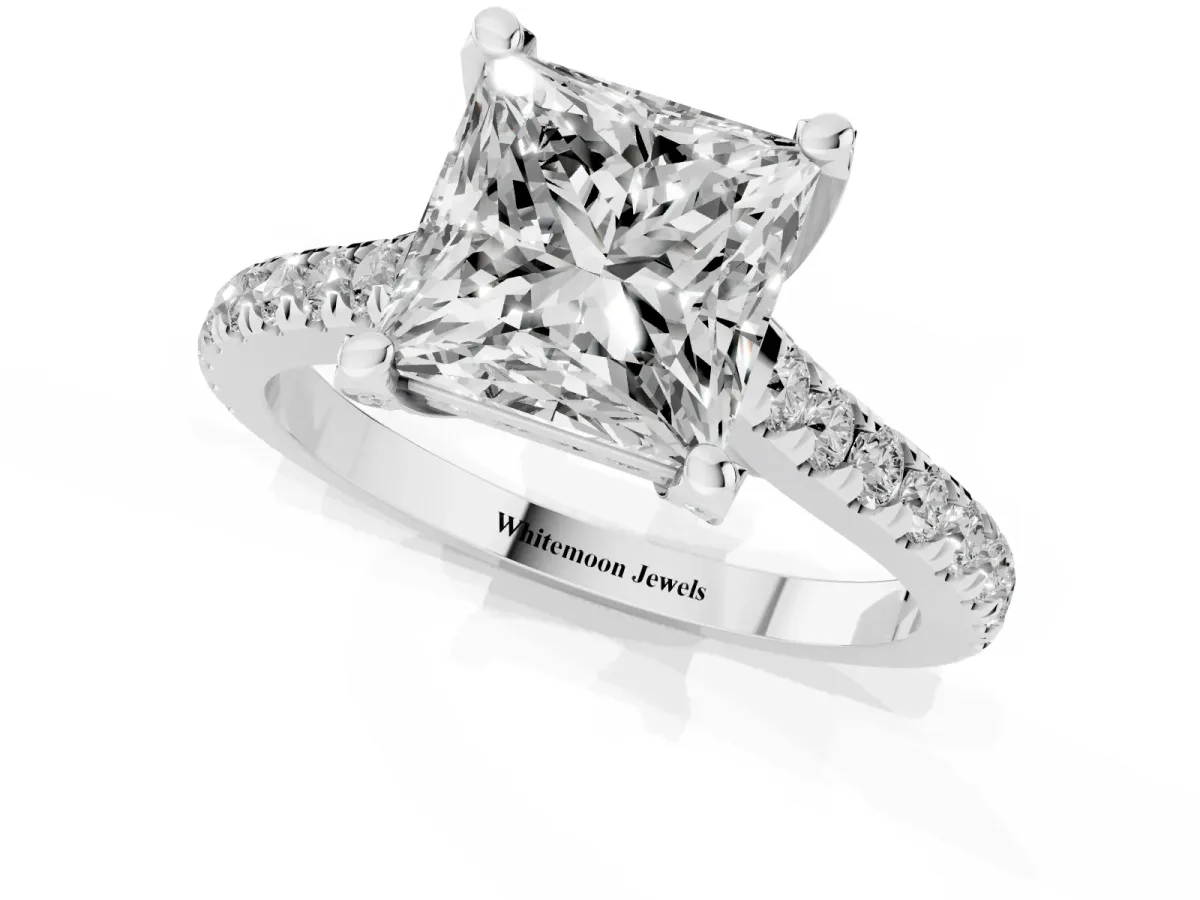 Princess Cut Brilliant Diamond Solitaire with Pavé Band and Four-Prong Setting Silver
