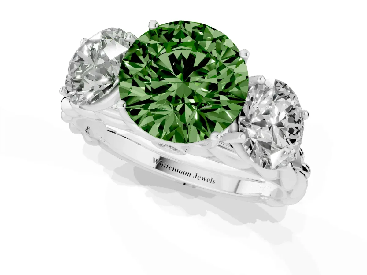 Fancy Green Three-Stone Round Cut Diamond Braided Band Ring with Four-Prong Setting Platinum