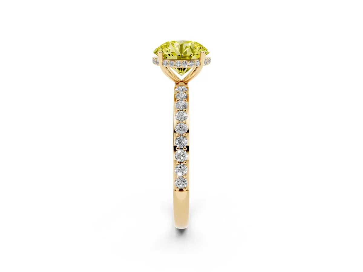 Fancy Yellow Round Cut Diamond Solitaire Ring with Pavé Band and Hidden Halo Yellow gold