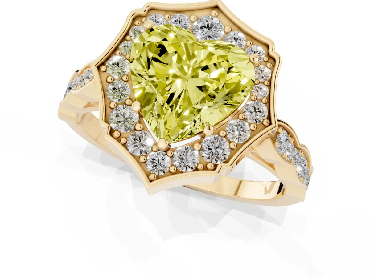 Fancy Yellow Heart Cut Halo Diamond Engagement Ring with Milgrain Band and Four-Prong Setting Yellow gold
