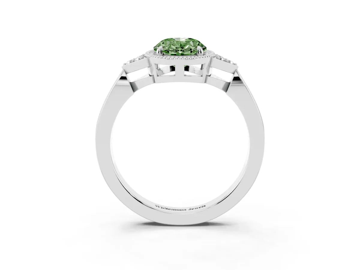 Fancy Green Hexagonal Halo Oval Cut Diamond Solitaire with Pavé Band and Four-Prong Setting Silver