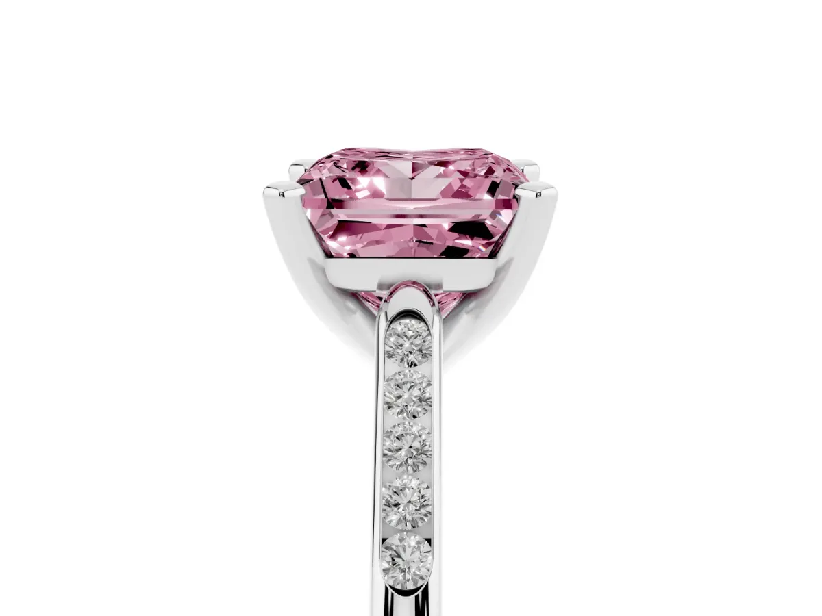 Fancy Pink Princess Cut Diamond Solitaire Ring with Channel Set Round Band and Prong Setting White gold