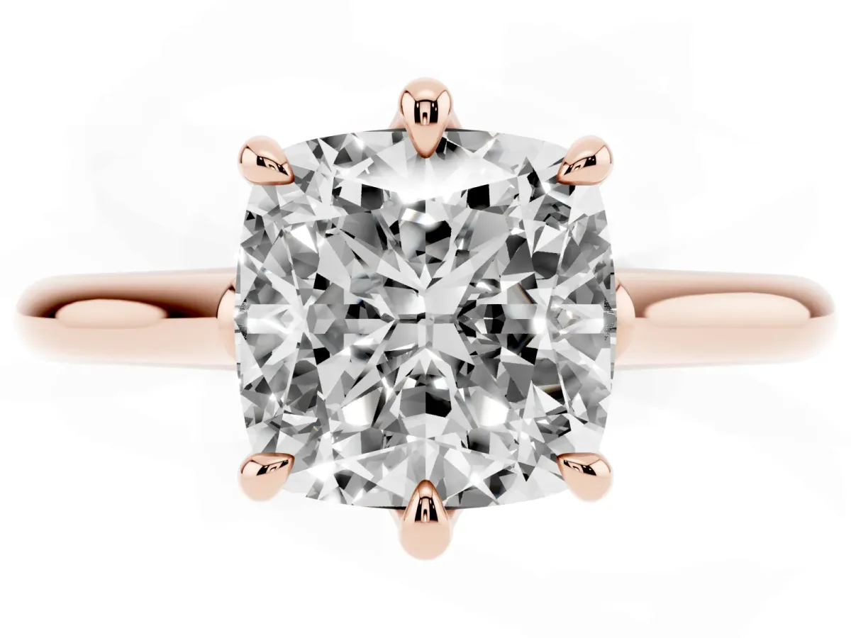 Cushion Cut Solitaire Engagement Ring with Six-Prong Setting and Classic Band Rose gold