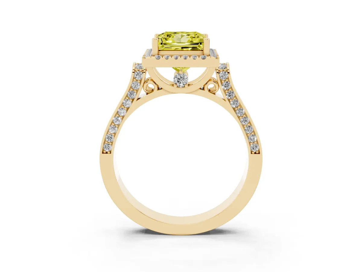 Fancy Yellow Princess Cut Halo Round Diamond Twist Band with Four-Prong Setting Yellow gold