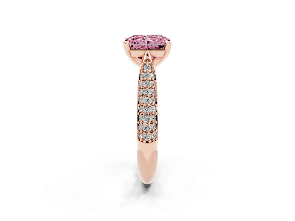 Fancy Pink Radiant Cut Diamond Solitaire Engagement Ring with Multi-Row Round Pavé Band and Prong Setting Rose gold