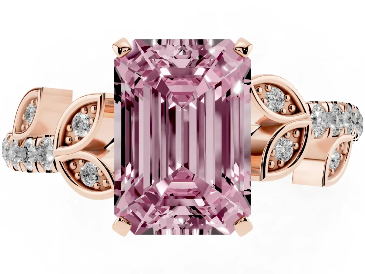 Fancy Pink Emerald Cut Solitaire Leaf-Inspired Diamond Ring with Pavé Band and Four-Prong Setting Rose gold