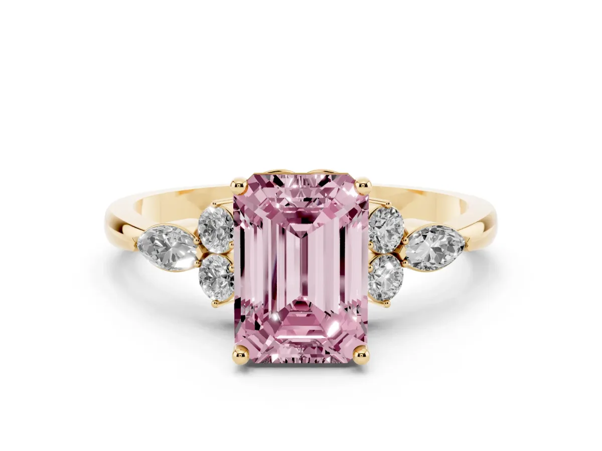 Fancy Pink Emerald Cut Brilliant Diamond Solitaire Ring with Pear Side Stones and Four-Prong Setting Yellow gold
