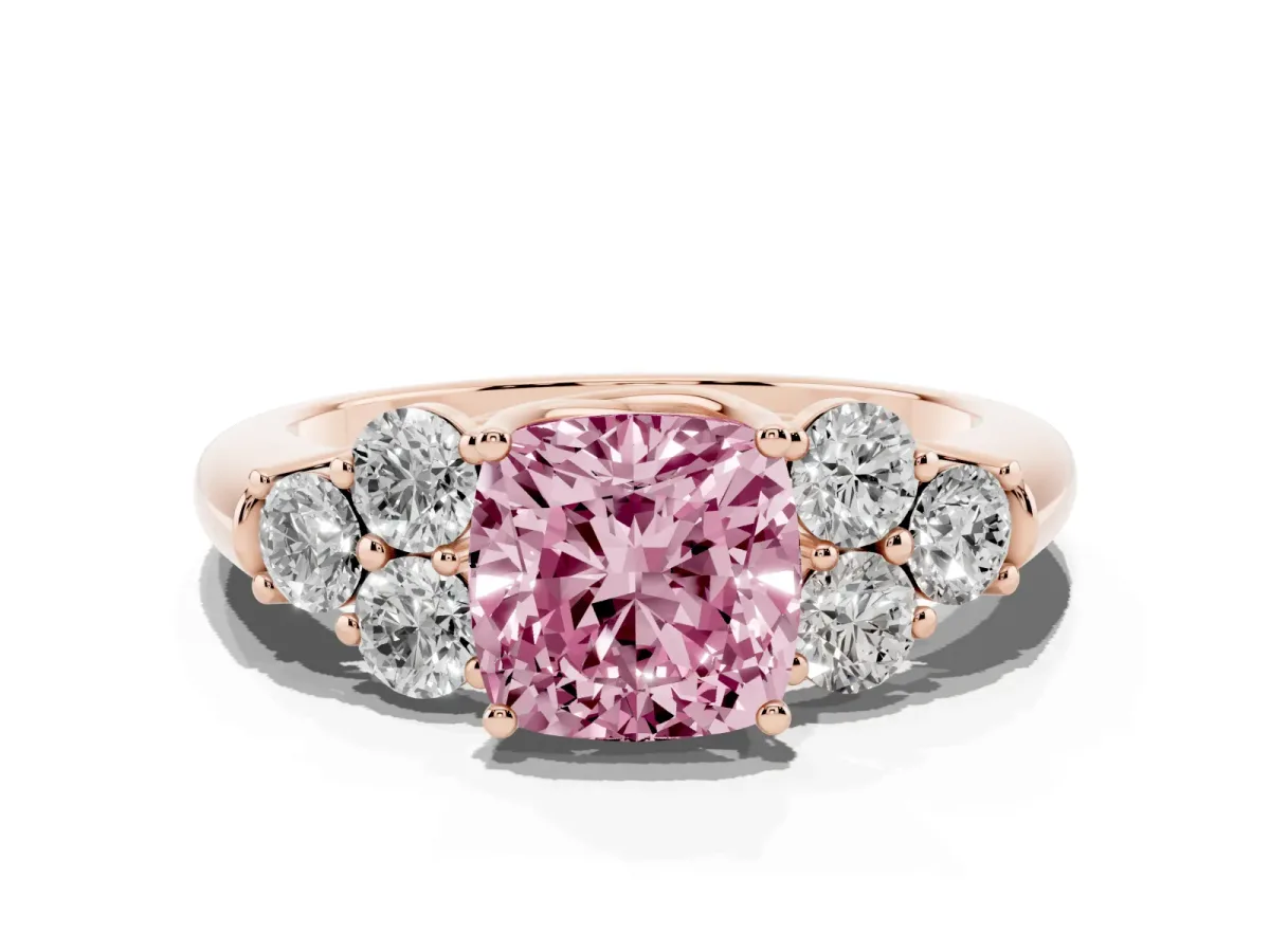 Fancy Pink Cushion Cut Cut Diamond Cluster Ring with Round Accent Stones and Prong Setting on a Classic Band Rose gold