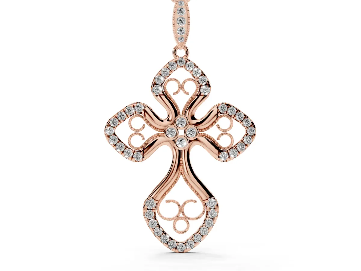 Diamond Pavé Round Milgrain Cross Pendant Rose gold