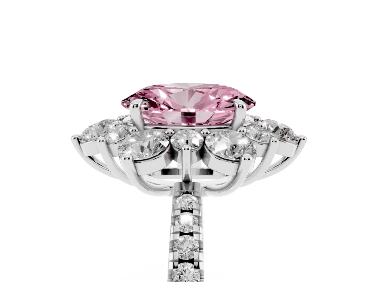 Fancy Pink Oval Cut Diamond Floral Halo Ring with Round Pavé Band and Prong Setting Silver