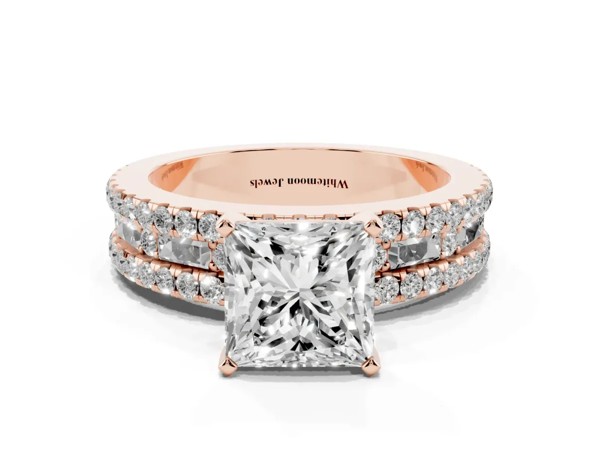 Princess Cut Diamond Solitaire Ring with Pavé and Channel Set Band Rose gold