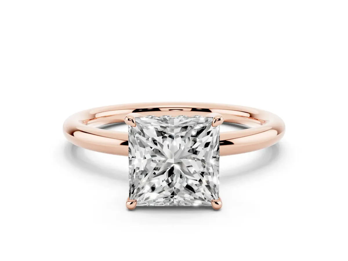 Princess Cut Diamond Solitaire Ring with Thin Band and Four-Prong Setting Rose gold
