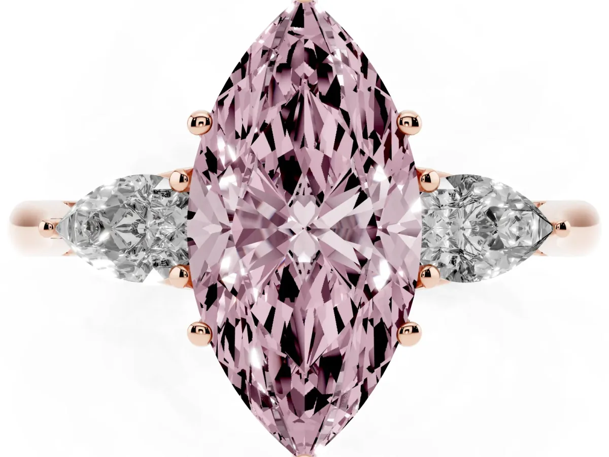 Fancy Pink Three-Stone Marquise Cut Diamond Ring with Pear Side Stones in Four-Prong Setting Rose gold