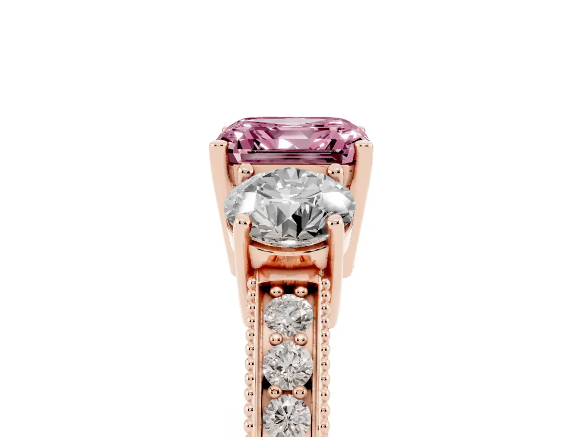 Fancy Pink Asscher Cut Three-Stone Diamond Ring with Pavé Band and Four-Prong Setting Rose gold