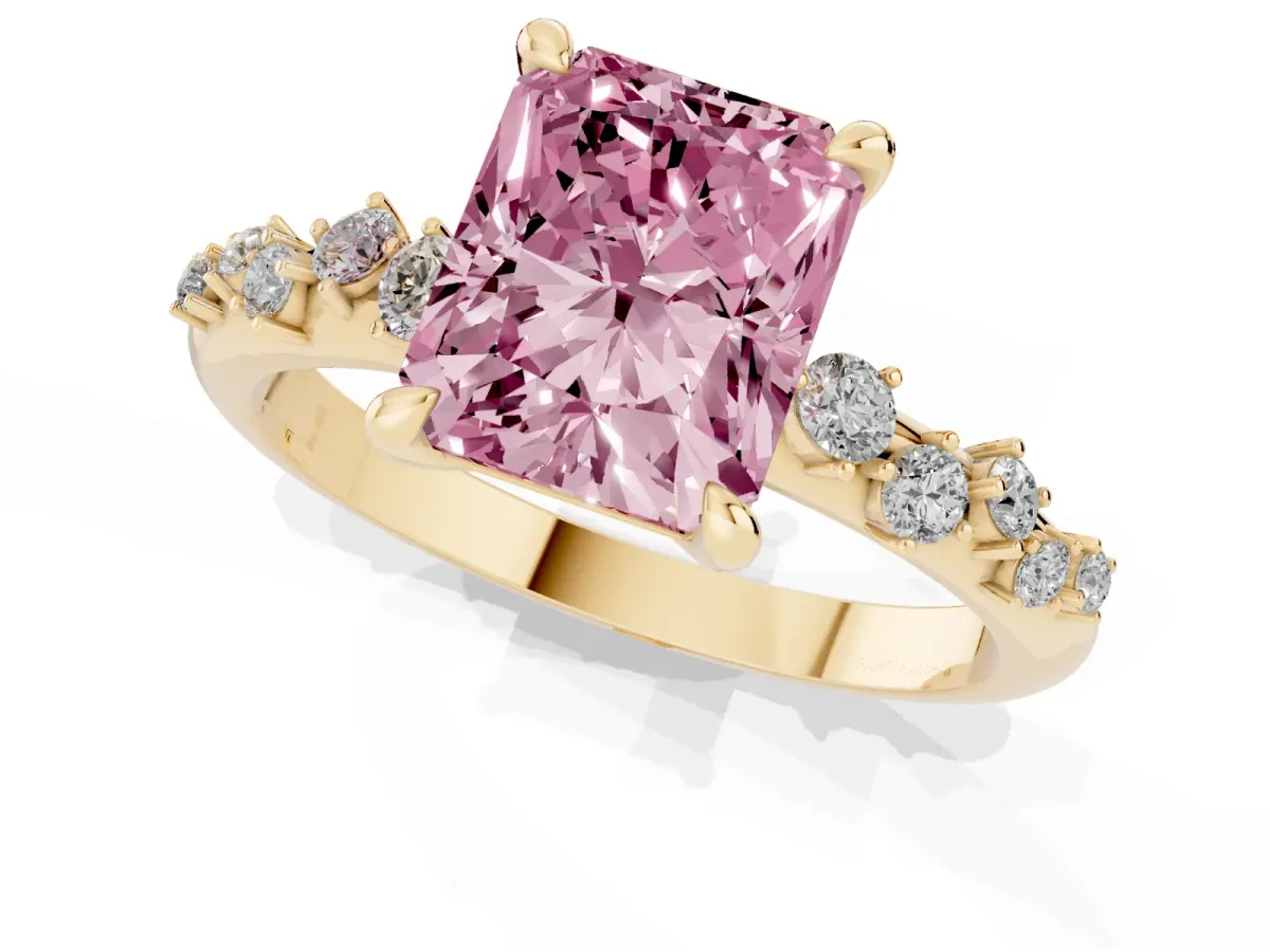 Fancy Pink Radiant Cut Cut Diamond Vine Band with Four-Prong Setting Yellow gold
