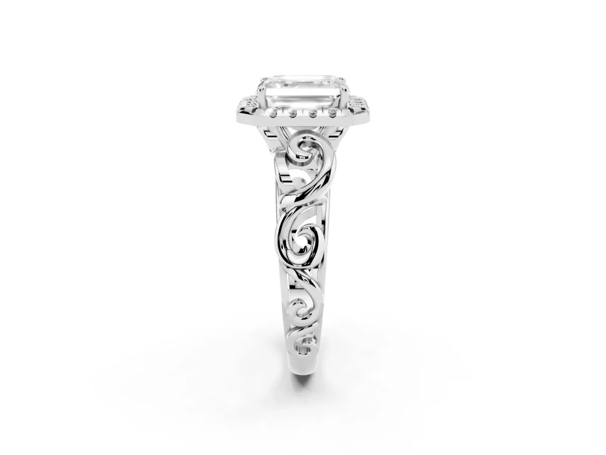 Asscher Cut Cut Halo Diamond Ring with Scrollwork Band and Four-Prong Setting Silver
