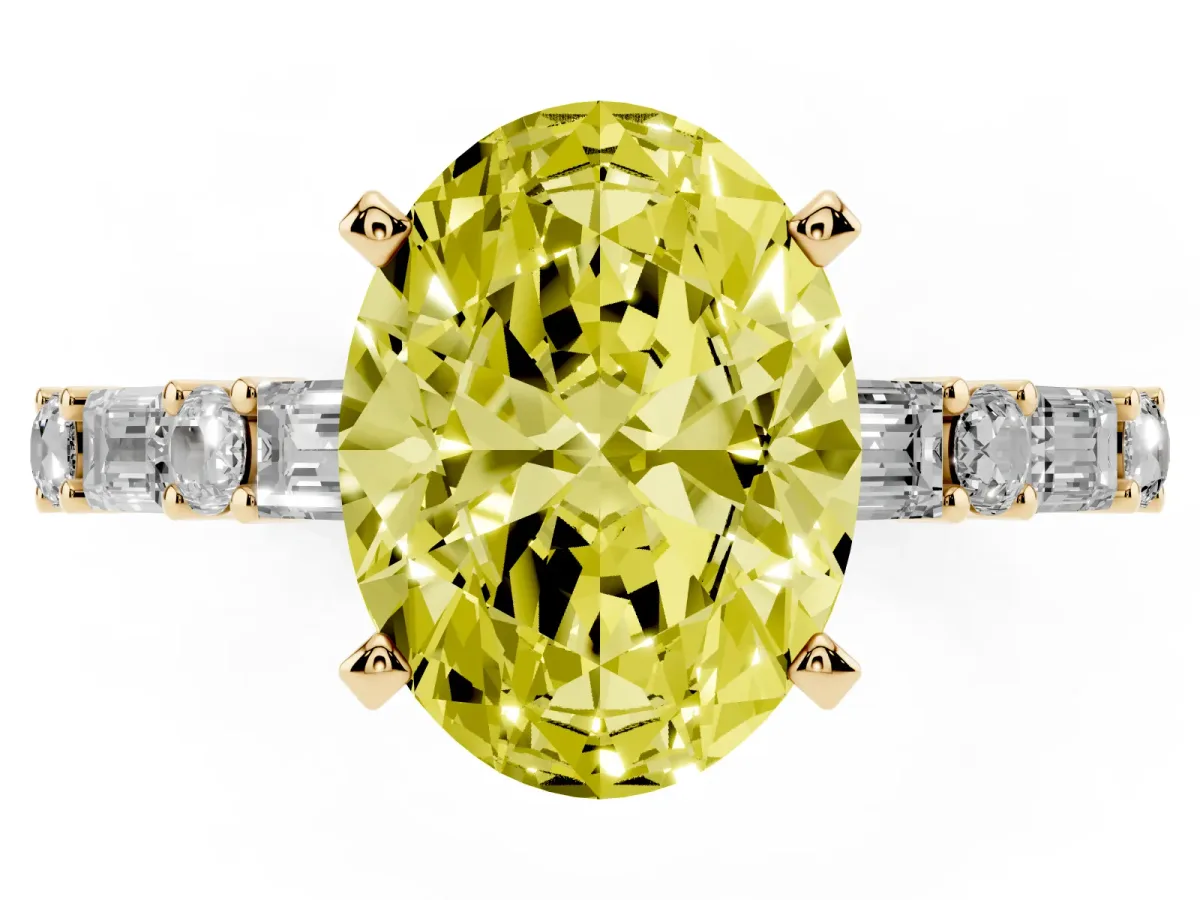 Fancy Yellow Oval Cut Diamond Solitaire with Side Baguettes and Channel Set Band Yellow gold