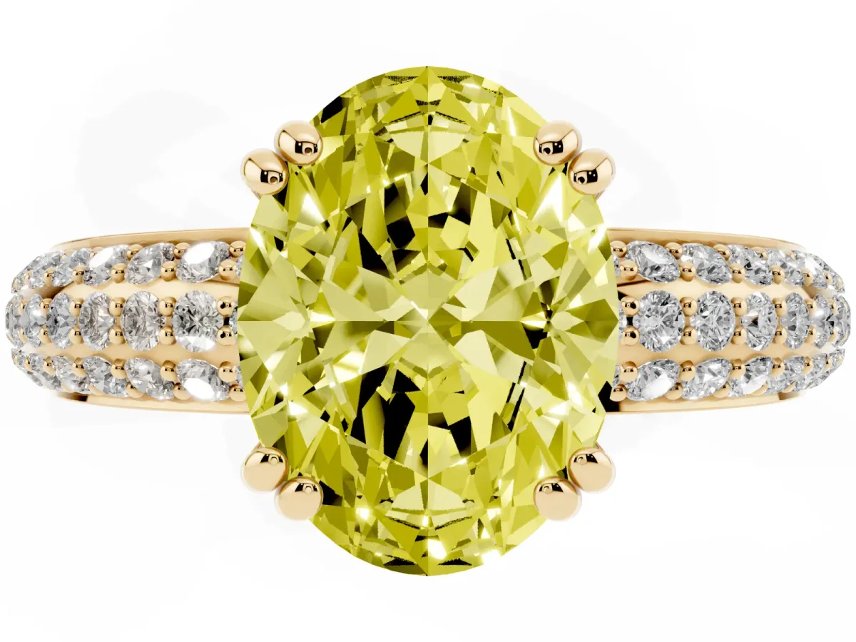 Fancy Yellow Oval Cut Diamond Solitaire Ring with Multi-Row Round Pavé Band and Prong Setting Yellow gold