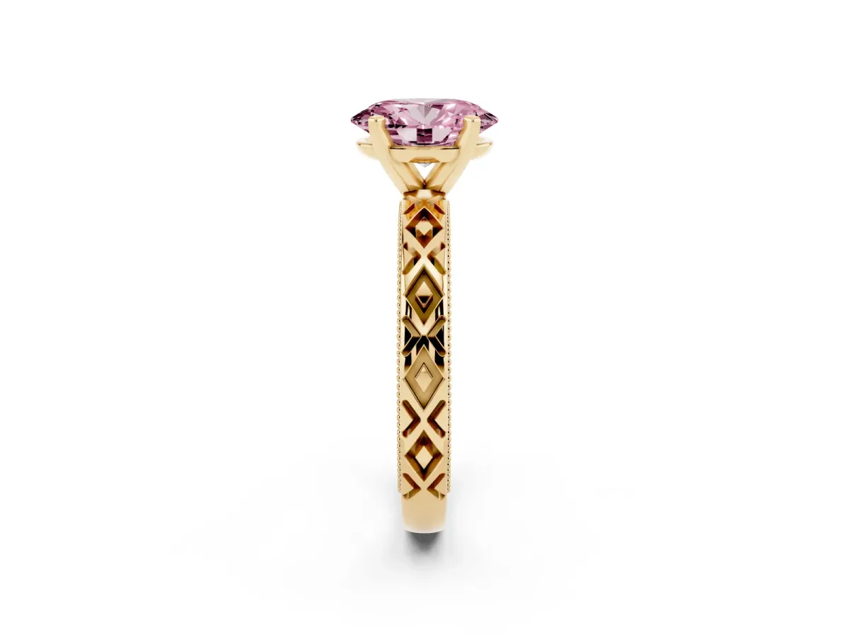 Fancy Pink Oval Cut Solitaire Diamond Ring with Milgrain and Black Enamel X Pattern Band Yellow gold