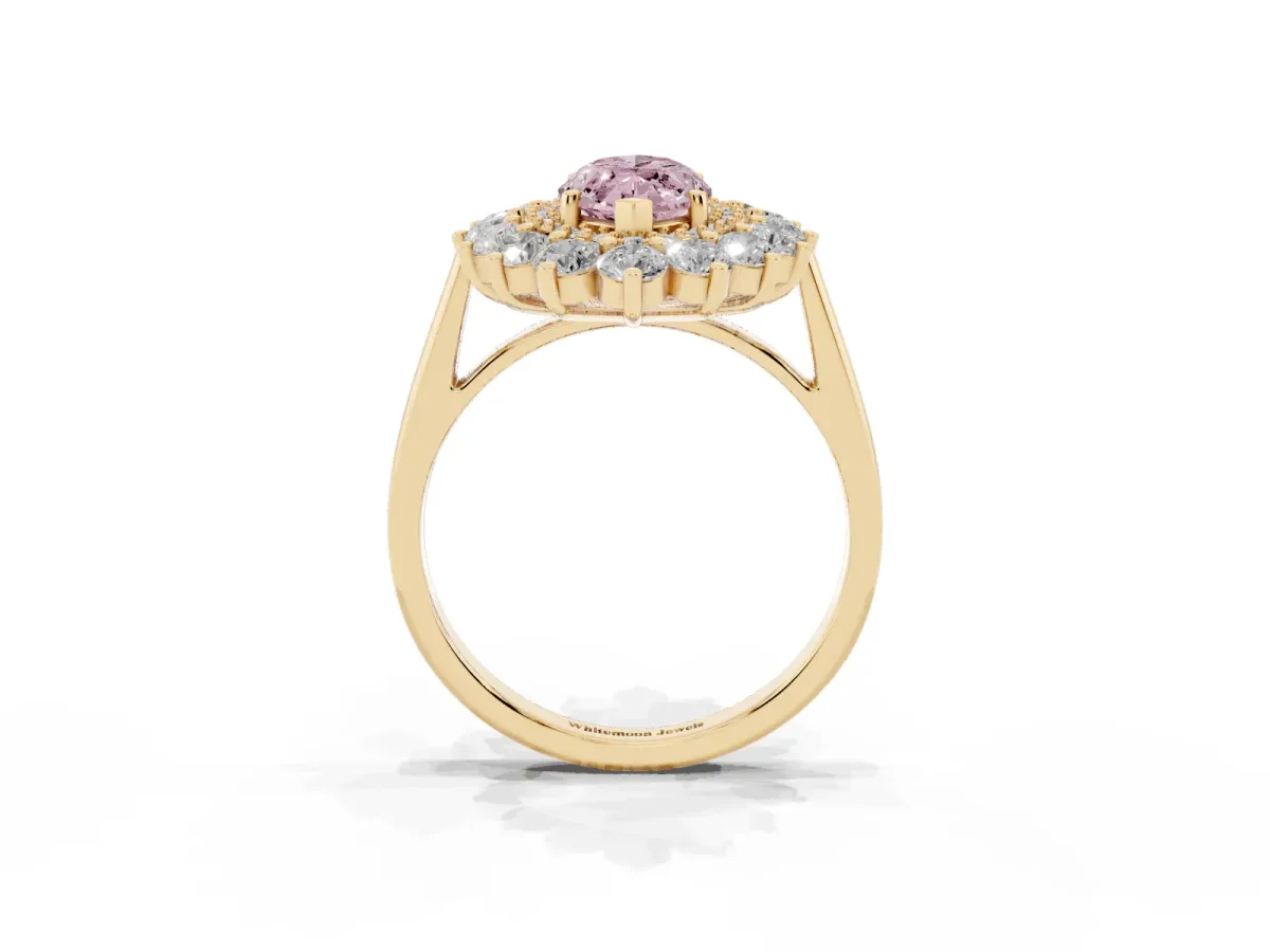 Fancy Pink Marquise Cut Diamond Floral Double Halo Engagement Ring with Prong Setting Yellow gold