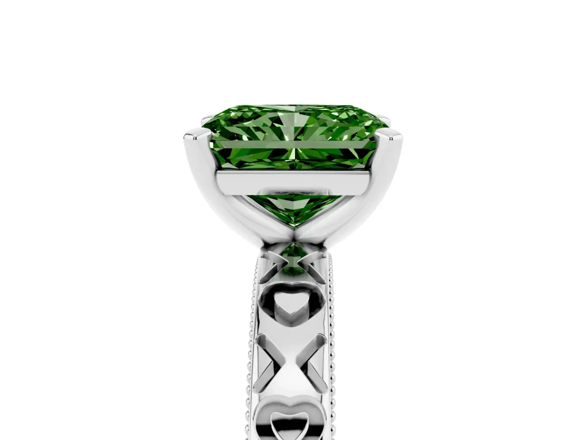 Fancy Green Radiant Cut Solitaire Diamond Engagement Ring with XO Engraved Band and Four-Prong Setting White gold