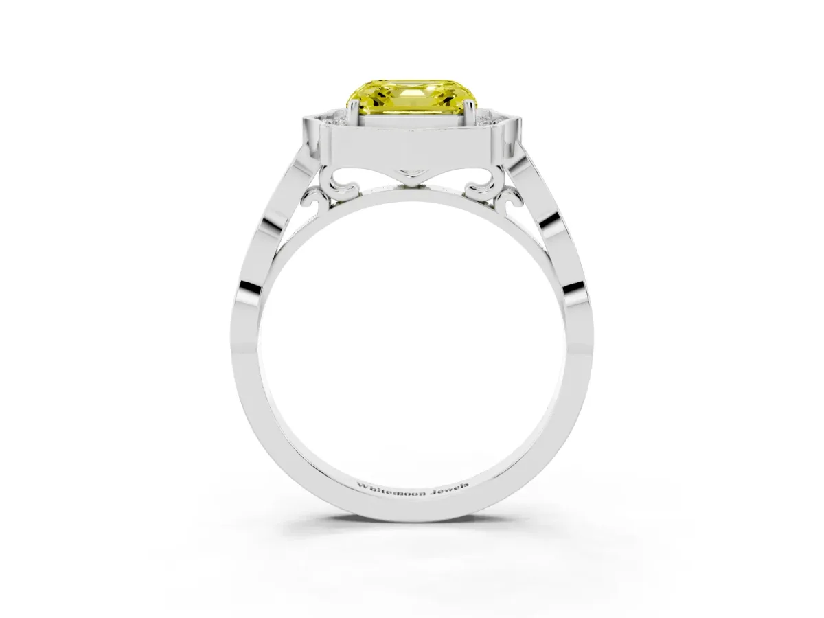 Fancy Yellow Asscher Cut Halo Diamond Engagement Ring with Milgrain Band and Four-Prong Setting White gold