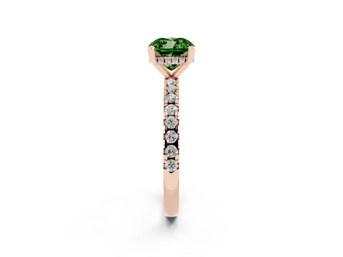Fancy Green Cushion Cut Diamond Solitaire Ring with Round Pavé Band and Four-Prong Setting Rose gold