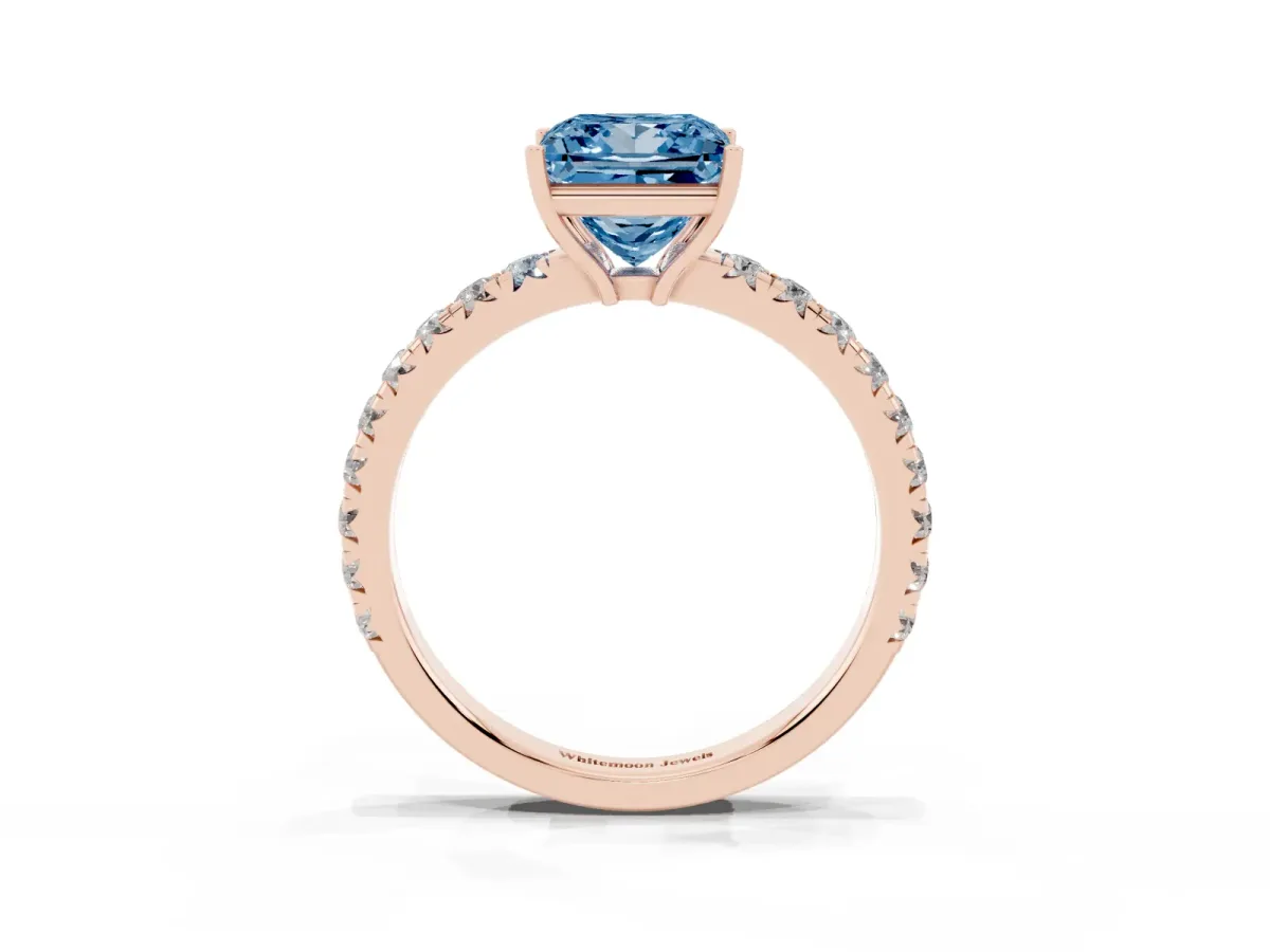 Fancy Blue Princess Cut Diamond Pavé Solitaire Engagement Ring with Four-Prong Setting Rose gold