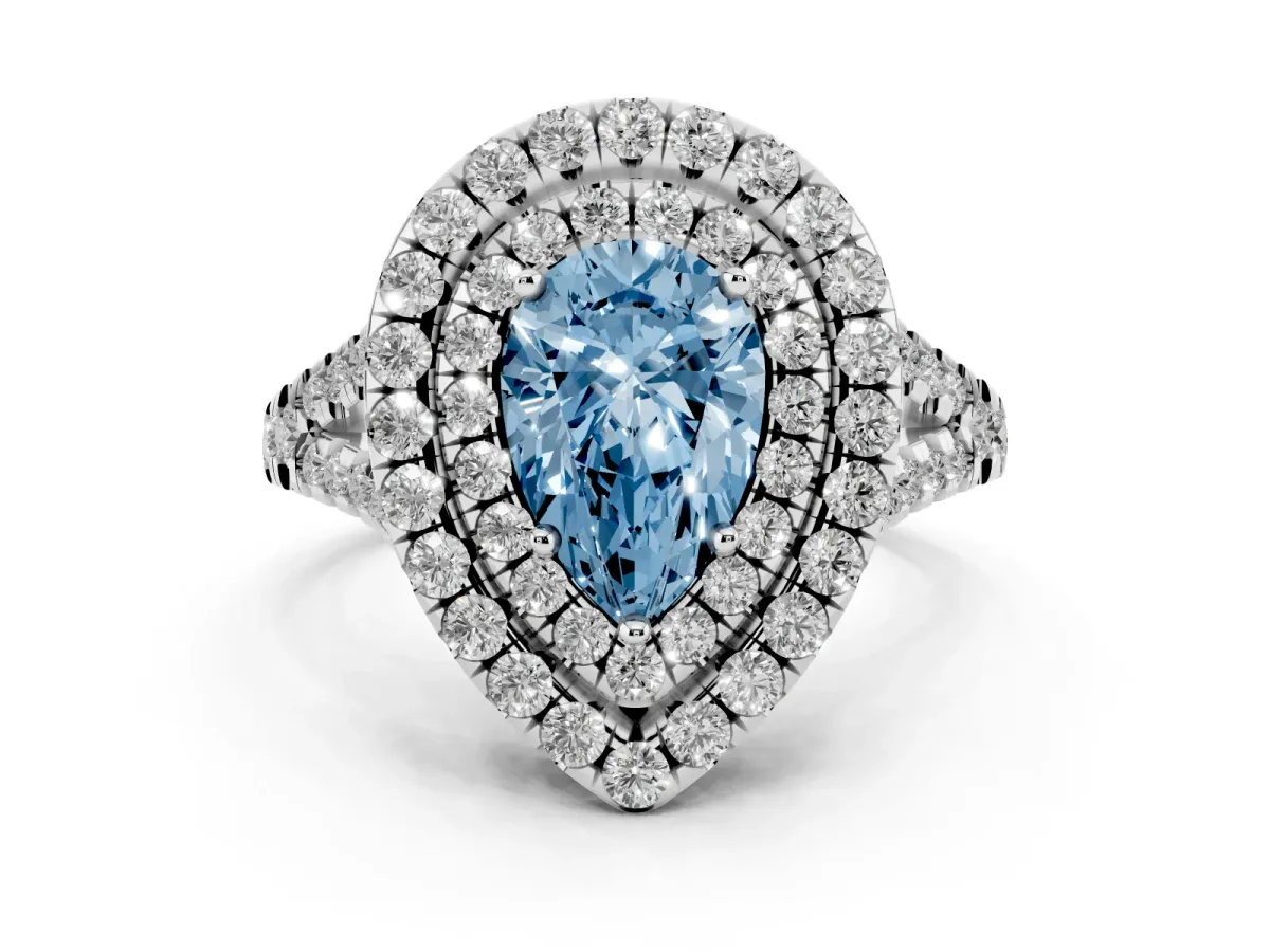 Fancy Blue Double Halo Pear Cut Diamond Pavé Split Shank Ring with Prong Setting White gold