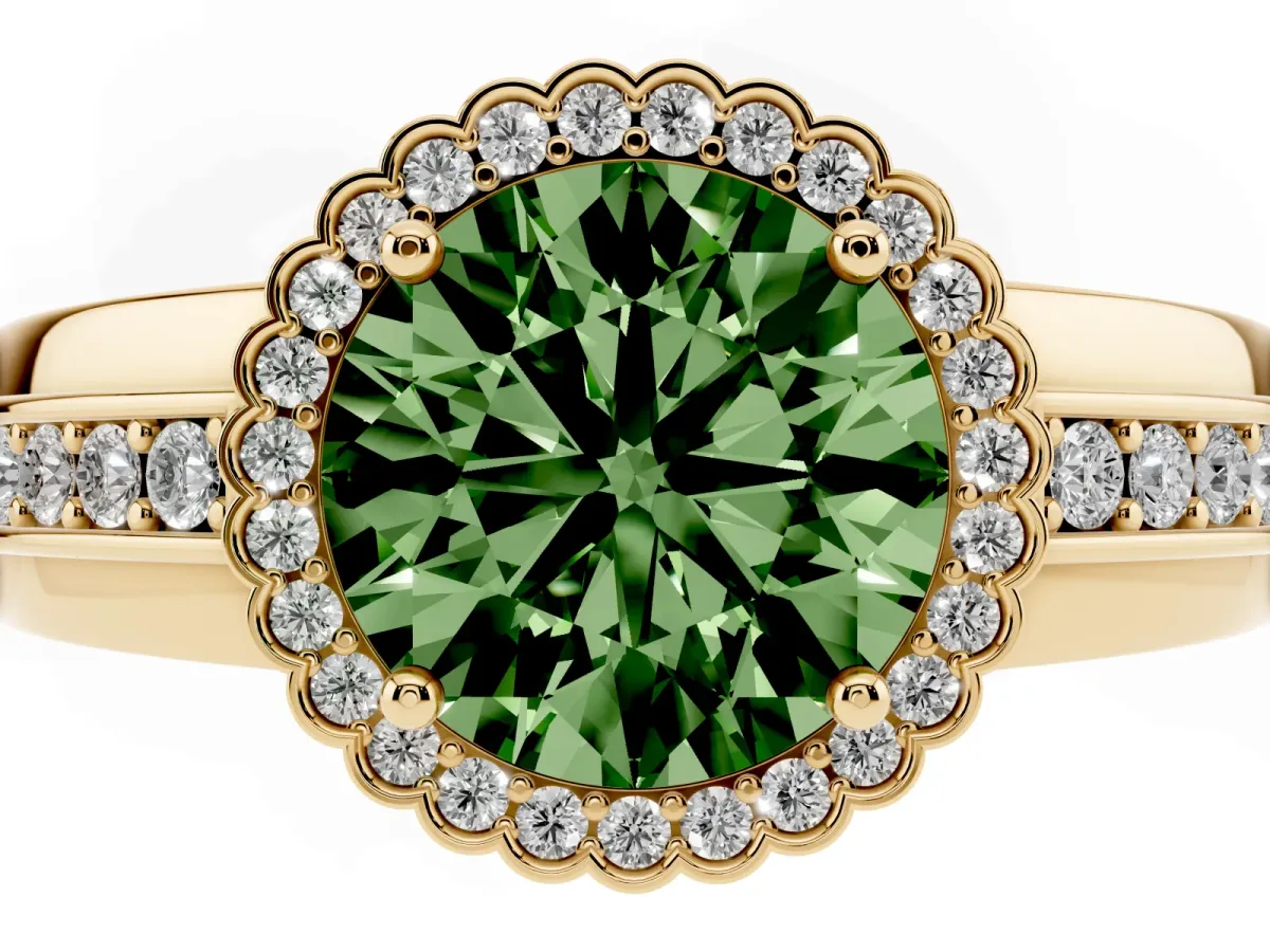 Fancy Green Round Cut Cut Halo Pave Band Four-Prong Ring Yellow gold