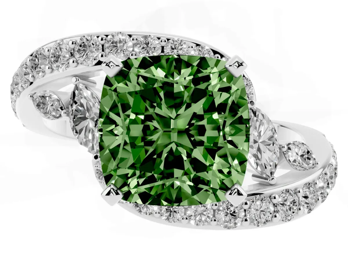 Fancy Green Cushion Cut Diamond Solitaire Ring with Filigree Band and Four-Prong Setting Silver