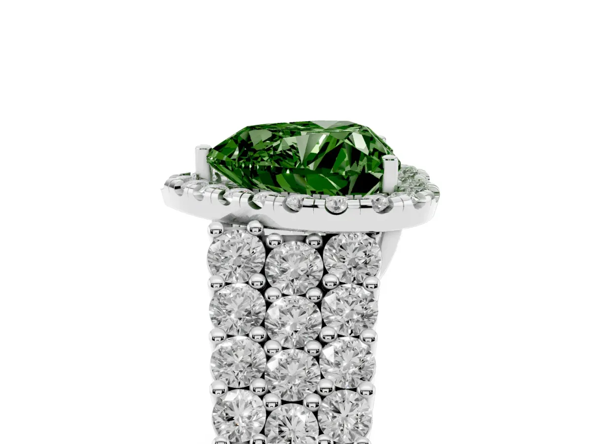 Fancy Green Heart Cut Diamond Halo Engagement Ring with Triple Row Round Pavé Band and Prong Setting Silver