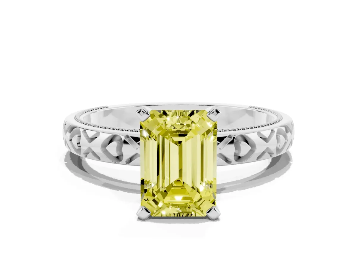 Fancy Yellow Emerald Cut Solitaire Diamond Engagement Ring with XO Engraved Band and Four-Prong Setting Silver