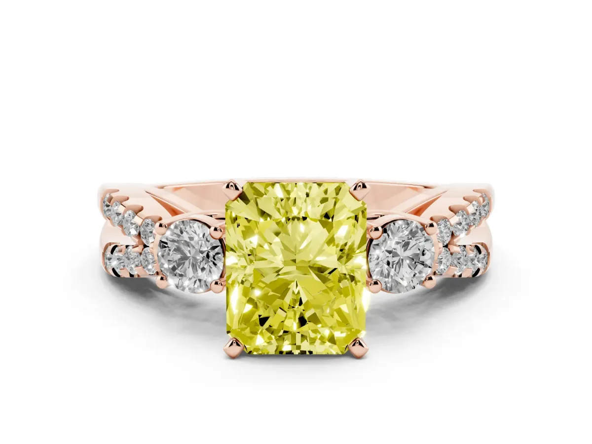 Fancy Yellow Radiant Cut Diamond Three-Stone Ring with Pavé Split Shank and Four-Prong Setting Rose gold