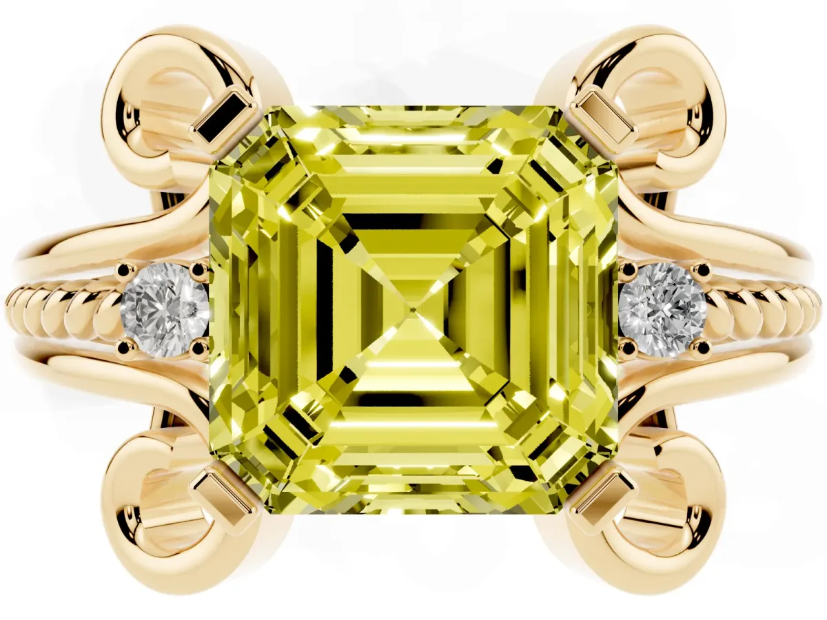 Fancy Yellow Asscher Cut Solitaire Twisted Band Scroll Prong Ring Yellow gold