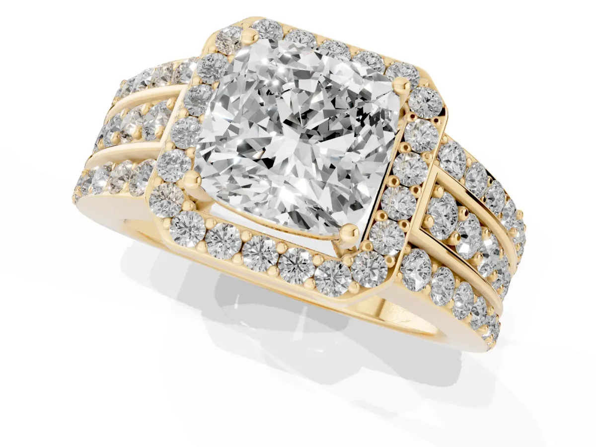 0.5 Carat Cushion Cut Halo Ring with Round Split Shank and Prong Setting Yellow gold