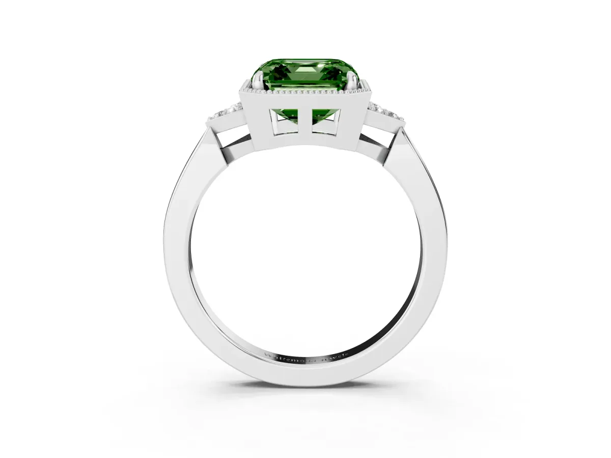 Fancy Green Hexagonal Halo Asscher Cut Diamond Solitaire with Pavé Band and Four-Prong Setting Silver