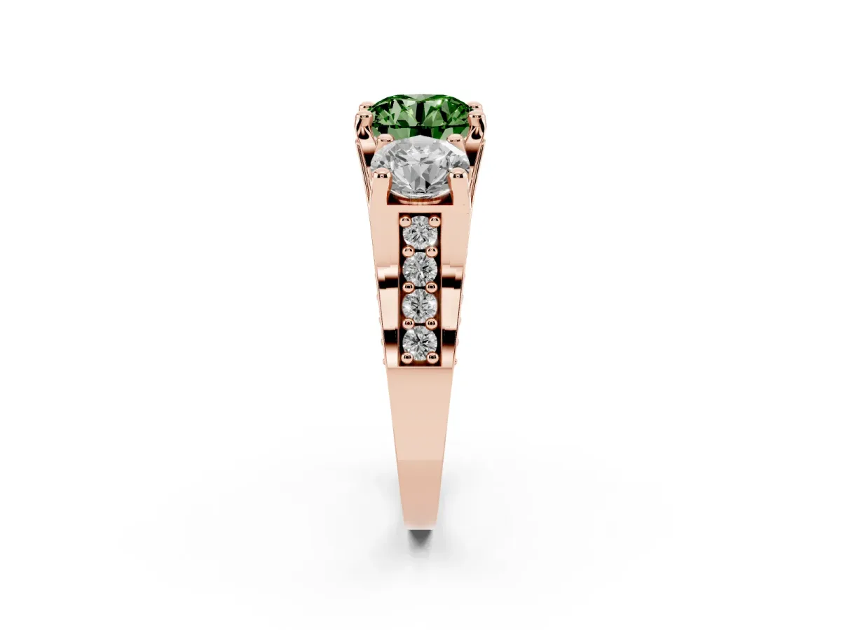 Fancy Green Round Cut Diamond Three-Stone Ring with Channel Set Band and Four-Prong Setting Rose gold