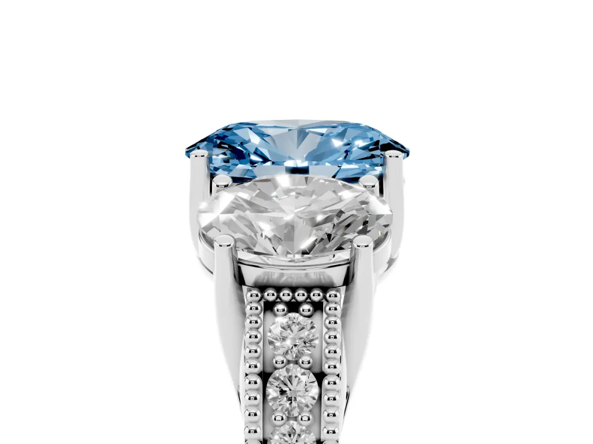 Fancy Blue Three-Stone Oval Cut Cut Milgrain Pavé Engagement Ring Platinum