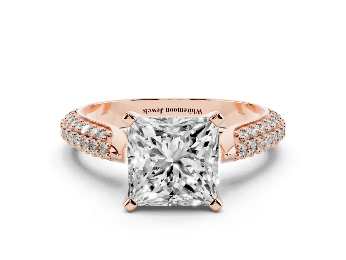 Princess Cut Diamond Solitaire Engagement Ring with Multi-Row Round Pavé Band and Prong Setting Rose gold
