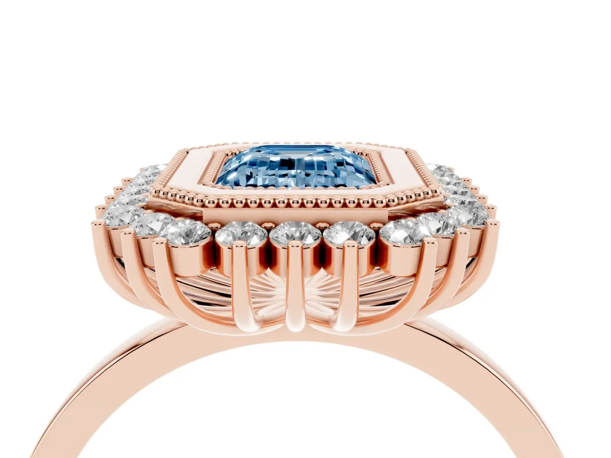 Fancy Blue Emerald Cut Halo Diamond Ring with Milgrain Edge and Round Prong Setting Rose gold