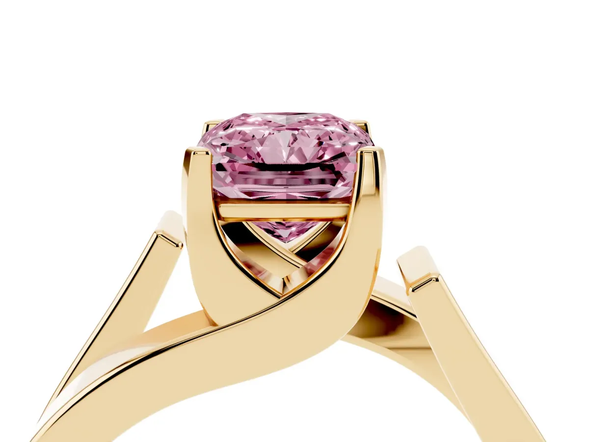 Fancy Pink Modern Tension Set Radiant Cut Diamond Solitaire Wide Band Ring Yellow gold