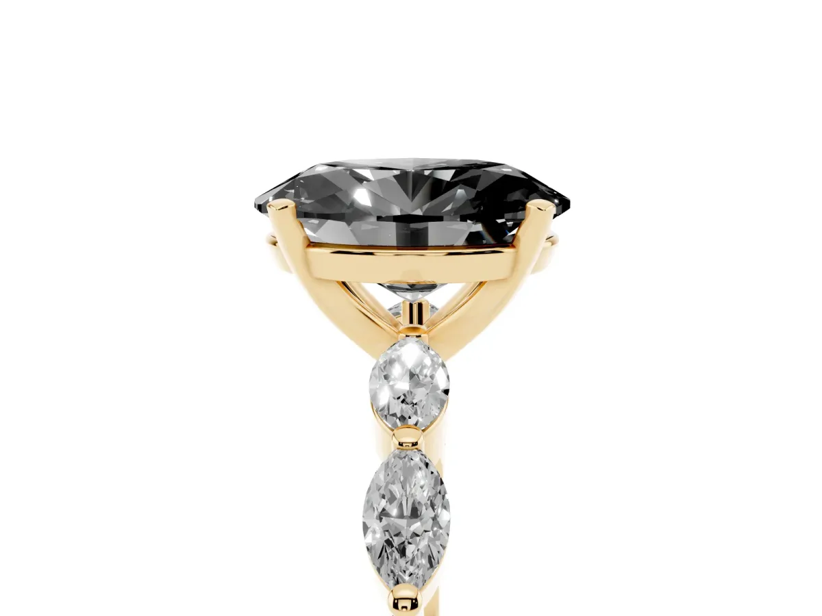 Fancy Black Oval Cut Diamond Ring with Marquise Side Stones and Prong Setting Yellow gold