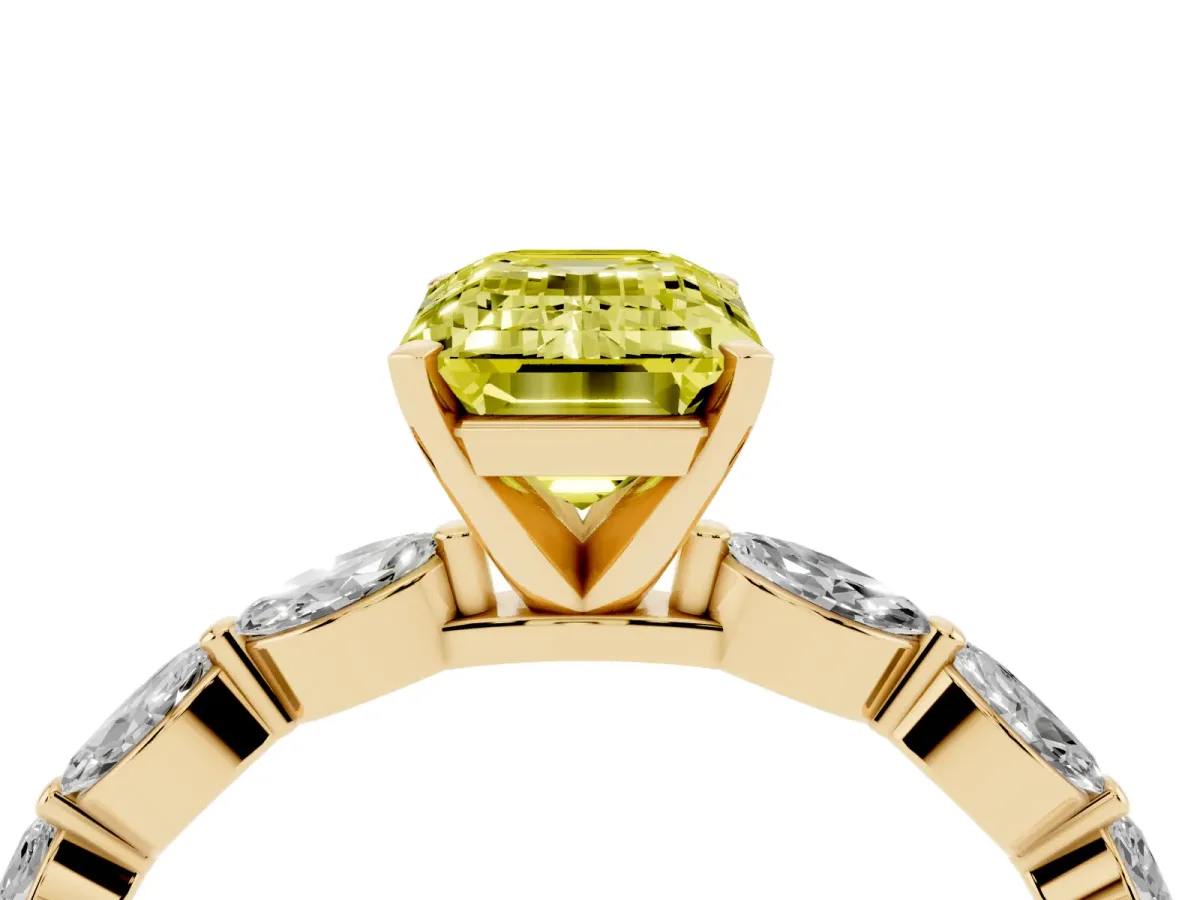 Fancy Yellow Emerald Cut Diamond Ring with Marquise Side Stones and Prong Setting Yellow gold