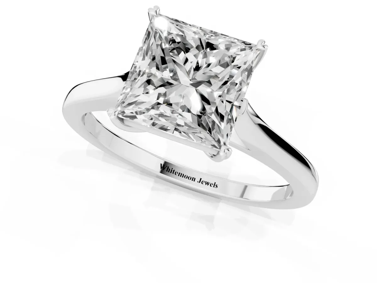 Princess Cut Solitaire Heart Prong Engagement Ring with Tapered Band White gold
