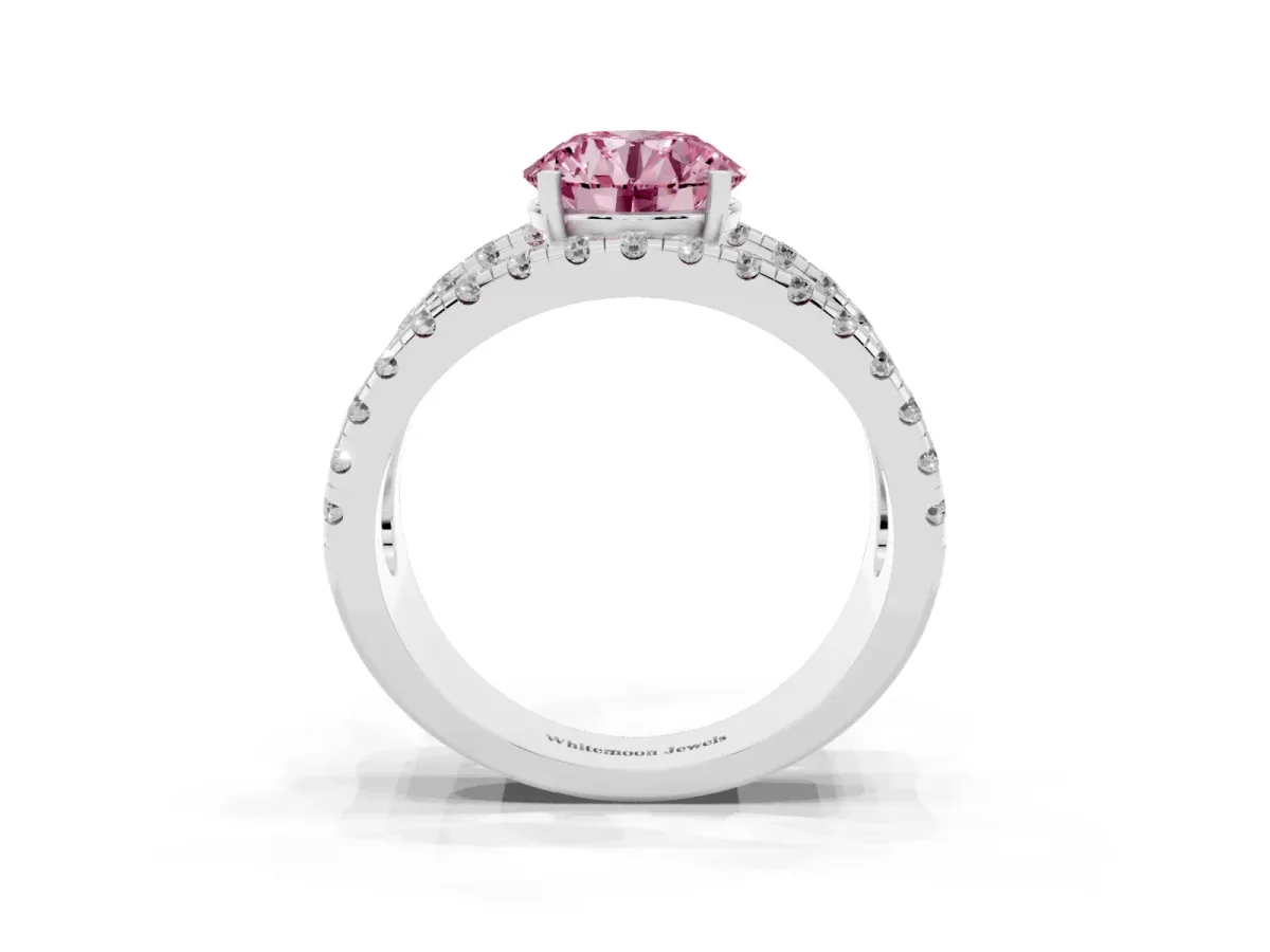 Fancy Pink Round Cut Solitaire Split Shank Pave Diamond Ring Silver