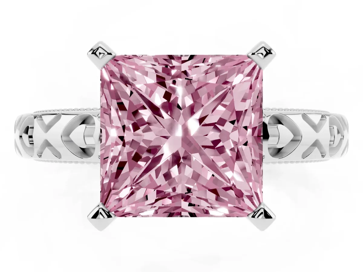 Fancy Pink Princess Cut Solitaire Diamond Engagement Ring with XO Engraved Band and Four-Prong Setting Silver