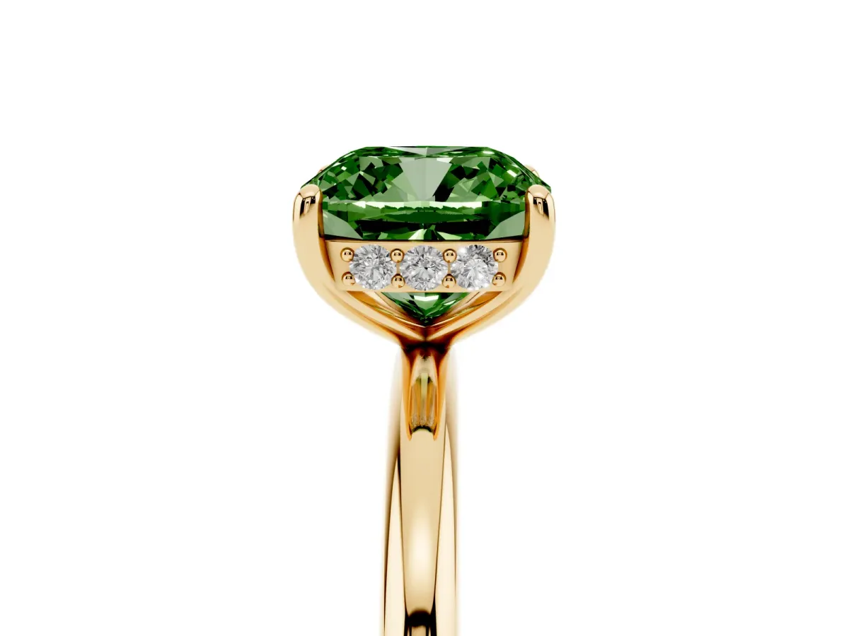 Fancy Green Cushion Cut Solitaire Diamond Ring with a Classic Band and Four-Prong Setting Yellow gold