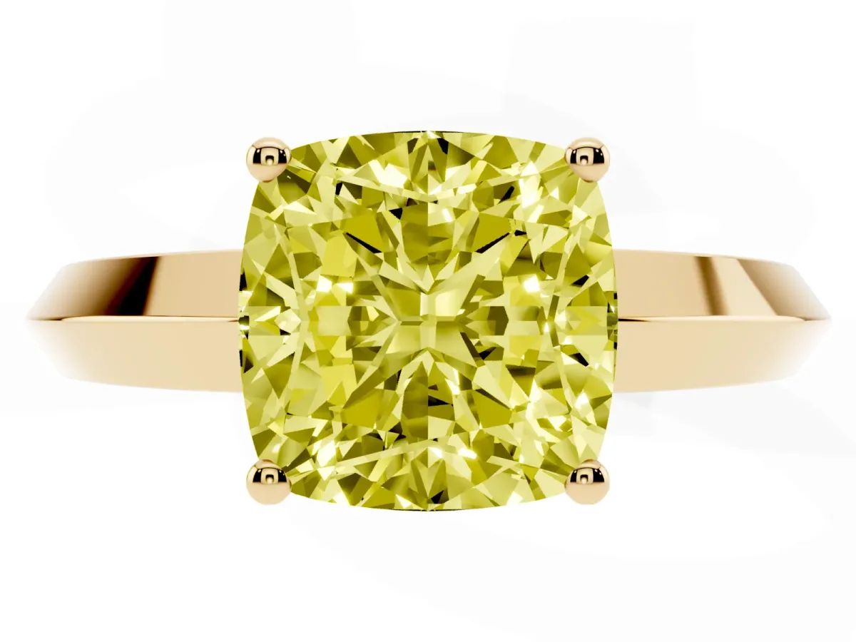 Fancy Yellow Cushion Cut Cut Solitaire Engagement Ring with Flat Band and Four-Prong Setting Yellow gold